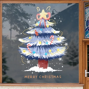 Blue hand-drawn Christmas tree window stickers with festive stars and snowflakes decor