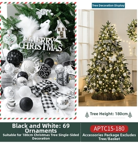 Close-up of black and white Christmas tree ornaments set with bows and wooden charms