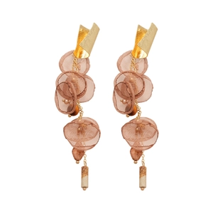 Elegant gold drop earrings with chiffon flower petals and tassel pendants on white background