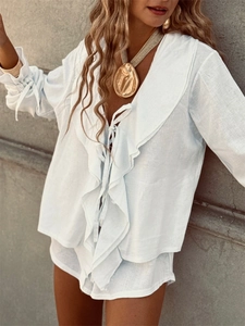 Women's white cotton ruffle tie-up shirt and shorts two-piece summer fashion set
