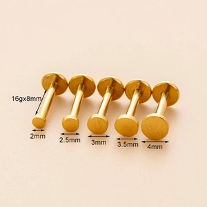 Gold 16G stainless steel labret stud set with varying disk sizes from 2mm to 4mm