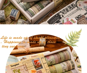 Detailed close-up of vintage washi tape set featuring botanical and postal stamp patterns