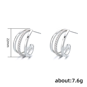 Silver multi-layer C-shaped hoop earrings with zircons measuring 22mm in diameter