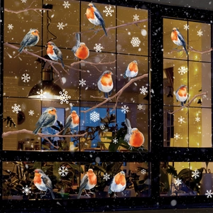 Weihnachten Fensteraufkleber Rotkehlchen Vogel Zweig Schneeflocke Statisch Winter Urlaub Glas Deko Haus Zubehör
