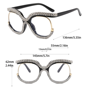 Detailed dimensions of butterfly frame glasses with rhinestone embellishments in mm and inches