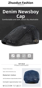 Detail view of denim beret with adjustable metal buckle and washed cotton texture