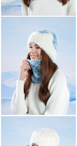 Detailed close-up of winter knit hat and scarf set with thick white faux fur trim