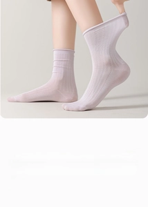 Detail of light purple silk lace socks featuring vertical stripes and a rolled cuff design