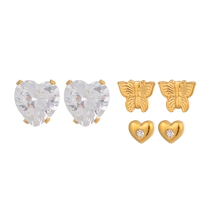 Detail of three pairs of gold stud earrings featuring heart shapes, butterflies and zircons