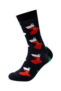 Detail of black crew sock with festive red and white Santa boot pattern and ribbed cuff