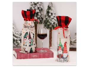 Detail of burlap Christmas wine bottle covers with gnome prints and red plaid accents