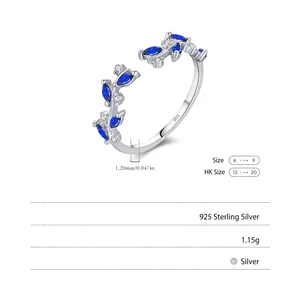 S925 sterling silver leaf ring with blue marquise gemstone and sparkling diamonds