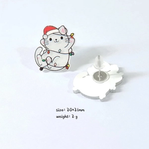 Detail view of 20x21mm acrylic Christmas cat earrings with festive lights and metal studs