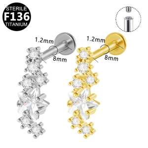 F136 titanium labret studs with star zircon, 1.2mm gauge and 8mm length detail