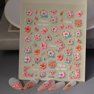 Autocollants De Manucure Relief Fleur D Hibiscus 3D Texturé Laser Paillettes Décoration De Manucure Étanche Pour Femmes