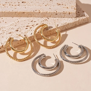 Double Layer C-Shape Hoop Earrings Textured Smooth Metallic Fashion Elegant Jewelry For Women With 925 Sterling Silver Earring Post