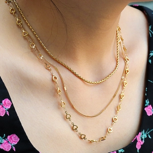 Triple Layered Necklace 18K Gold Plated Stainless Steel Heart Pendant Snake Box Chain Fashion Jewelry For Women