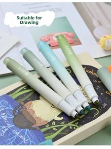 Detail of four Morandi green soft tip highlighters set on a notebook for marking