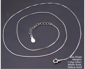 Macro shot of S925 sterling silver box chain showing spring clasp and 1.35g weight tag