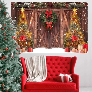 Christmas photography backdrop with festive wreaths, decorated trees, and snowy wooden door