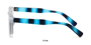Dettaglio di occhiali da sole rotondi con aste a strisce blu e finitura trasparente opaca