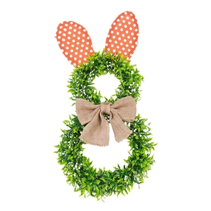 Easter rabbit door wreath with green foliage, orange polka dot ears, and burlap bow