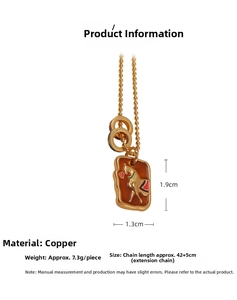 Detailed view of horse charm necklace in gold-plated copper with size and weight specs
