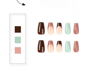Macro detail of brown French tip press-on nails set with solid color mix design