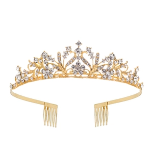 Golden alloy floral wedding crown with rhinestones and hair combs for bridal hair styling