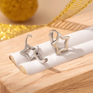 Minimalist silver pentagram hollow star hoop earrings with an elegant polished finish