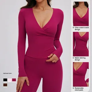 Women's V-neck long sleeve yoga top with ruched waist details and removable chest pads