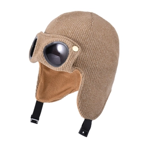 Winter khaki knitted aviator hat for children with fleece lining and black goggles