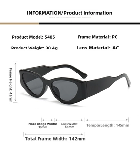Detailed size specifications for vintage thick frame cat eye sunglasses with PC frame