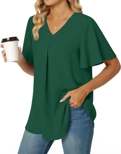 Detail of dark green V-neck blouse featuring elegant petal sleeves and chiffon texture