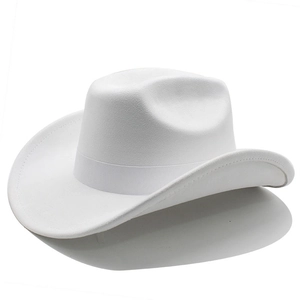 Detail view of the white suede cowboy hat featuring classic ribbon decoration and curved brim