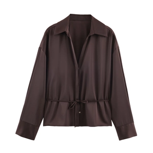 Elegant Women Satin Blouse Satin Texture V Neck Long Sleeve Solid Color Drawstring Waist Top Office Lady Casual
