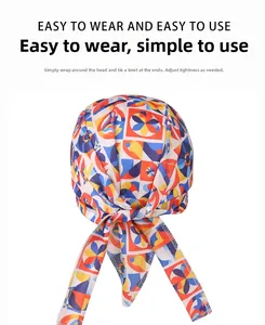 Detail of adjustable rear tie design on geometric pattern outdoor cycling headscarf