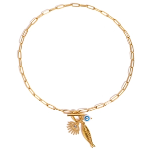 Detail of gold paperclip chain necklace with evil eye pendants and OT toggle clasp