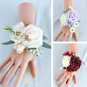 Elegant bridal wrist corsage set featuring white, purple and burgundy artificial roses