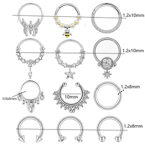 Detailed size chart for 12pcs seamless stainless steel piercing rings with zircon details