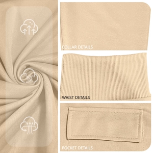 Detail view of khaki fleece hoodie featuring collar design, waist ribbing and pocket
