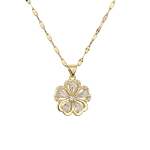 Golden five-petal flower necklace with clear zircon stones on a flat lip chain link