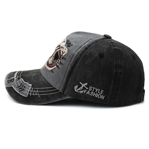 Vintage washed cotton baseball cap in dark grey with side embroidery and patch detail