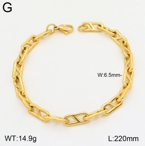 Detail view of 6.5mm gold U-shaped link chain bracelet with lobster clasp and measurements