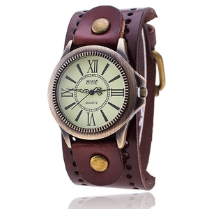 Retro punk brown leather wrist watch with bronze Roman numeral dial on white background