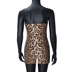 Close-up of leopard print sequin romper showing back details and adjustable straps
