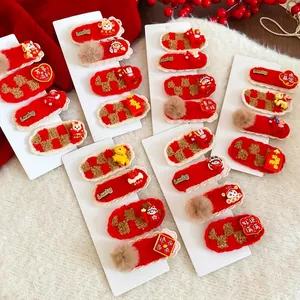 Barrettes à cheveux en peluche rouge du Nouvel An avec motifs lion et sac de chance