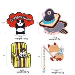 Cartoon animal enamel pins collection featuring panda and fox with size measurements