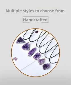 Macro detail of six natural raw amethyst crystal pendants with handmade woven black cords