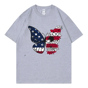 Grey Independence Day T-shirt with patriotic butterfly print and casual crew neck